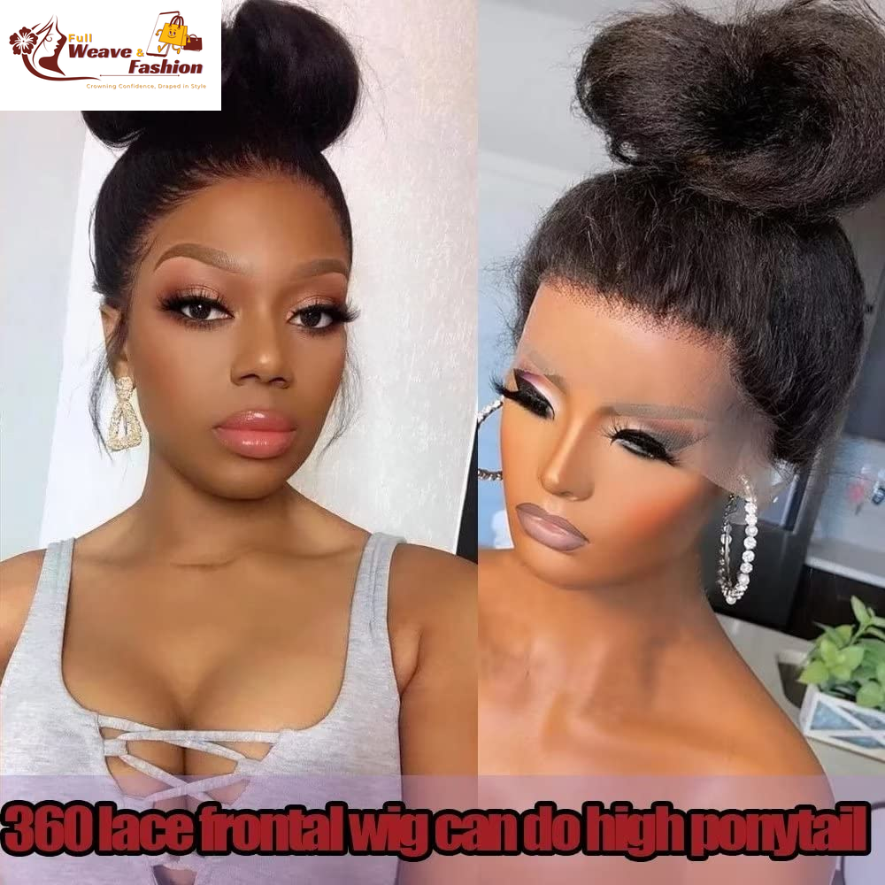 Kinky Straight 360 Wigs Transparent Lace Brazilian Kinky Straight Human Hair Wig Yaki for Black Women 360 HD Invisible Lace Front Wig Remy Virgin Hair Pre Plucked with Baby Hair Glueless 150% Desnity