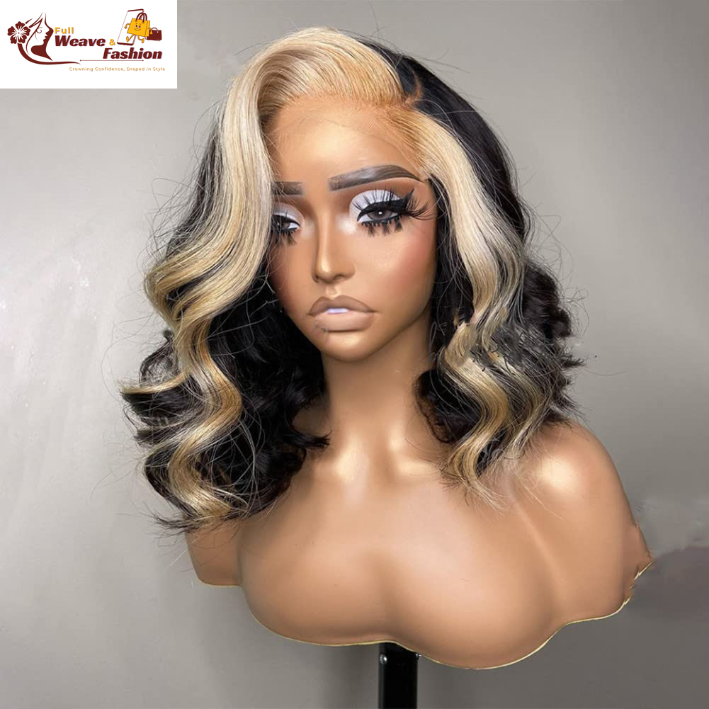 Highlight Lace Front Wigs Human Hair Short Lace Frontal Wigs for Black Women Skunk Stripe Ombre 613 Blonde Color Loose Body Wave Human Hair Wigs with Transparent Lace (12 Inch, Natural Color with Blonde Highlights)