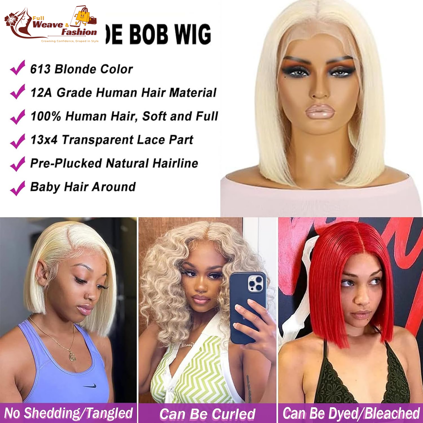 613 Bob Wig Human Hair Blonde 13X4 Lace Frontal Wigs for Black Women Bob Lace Front Wig Brazilian Virgin Human Hair Bob Wig 180% Density Pre Plucked with Baby Hair 14 Inch
