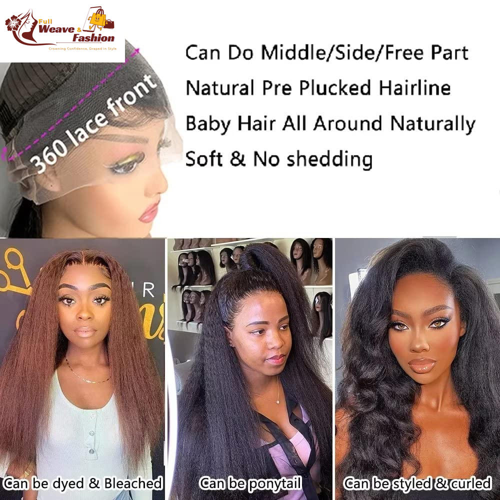 Kinky Straight 360 Wigs Transparent Lace Brazilian Kinky Straight Human Hair Wig Yaki for Black Women 360 HD Invisible Lace Front Wig Remy Virgin Hair Pre Plucked with Baby Hair Glueless 150% Desnity